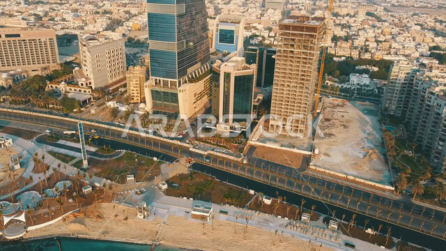 Aerial view from the top of the city of Jeddah in the Kingdom of Saudi Arabia, the Roshan waterfront, the northern Jeddah Corniche, the towers and skyscrapers, the landmarks of Jeddah, the beauty of the city of Jeddah, tourism in Saudi Arabia