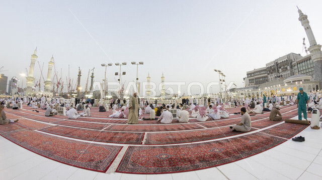 Pamorama picture of the plaza of the Grand Mosque in Mecca, Saudi Arabia, performing Hajj and Umrah, worship and getting closer to God, Islamic religious landmarks in Saudi Arabia