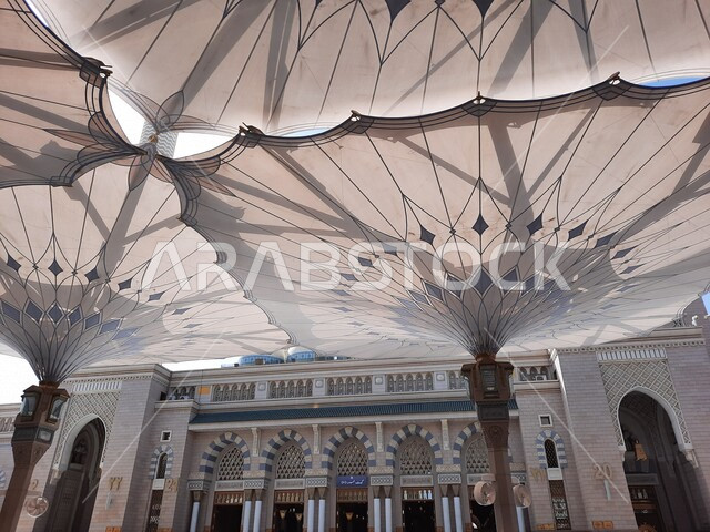 Electronic umbrellas in the courtyard of the Prophet’s Mosque in Medina, Saudi Arabia, the Prophet’s Mosque, Islamic holy places