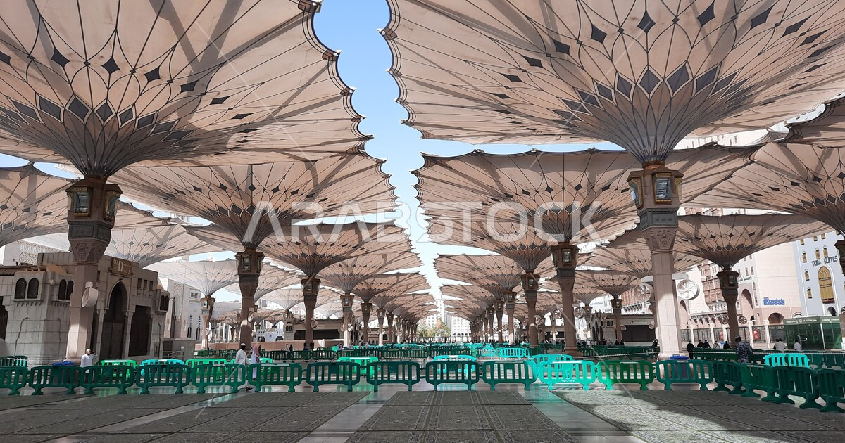 Electronic umbrellas in the courtyard of the Prophet’s Mosque in Medina