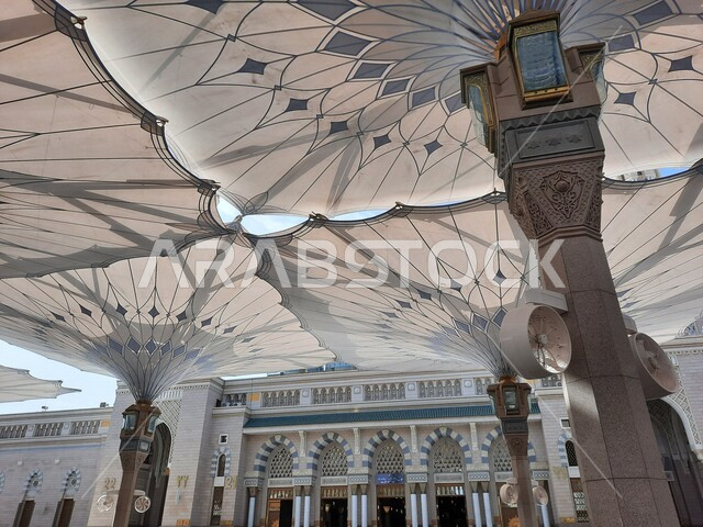 Electronic umbrellas in the courtyard of the Prophet’s Mosque in Medina, Saudi Arabia, the Prophet’s Mosque, Islamic holy places