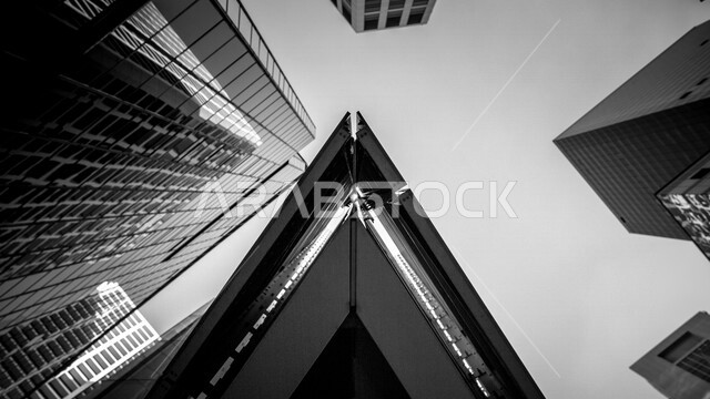 Low angle view of residential towers, towers and skyscrapers, architecture, huge buildings, black and white photo