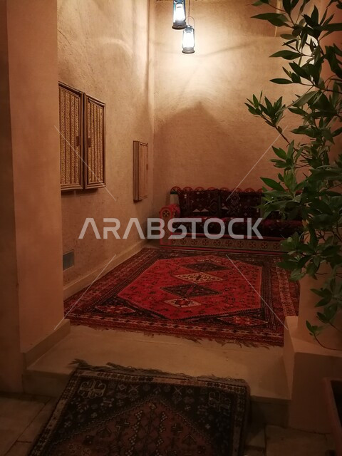 Traditional House Design, Traditional House in Diriyah, Riyadh, Kingdom of Saudi Arabia, Heritage Buildings, Lanterns Hanging on the Ceiling, Traditional Houses in Saudi Arabia