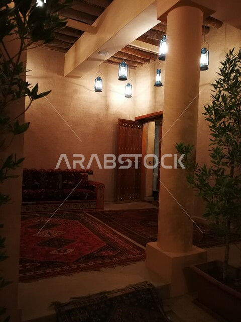Traditional House Design, Traditional House in Diriyah, Riyadh, Kingdom of Saudi Arabia, Heritage Buildings, Lanterns Hanging on the Ceiling, Traditional Houses in Saudi Arabia