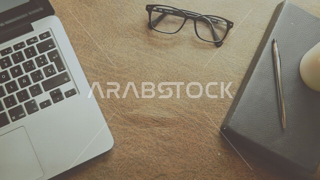 Computer on the table, office table, work desks, office work environment, office background