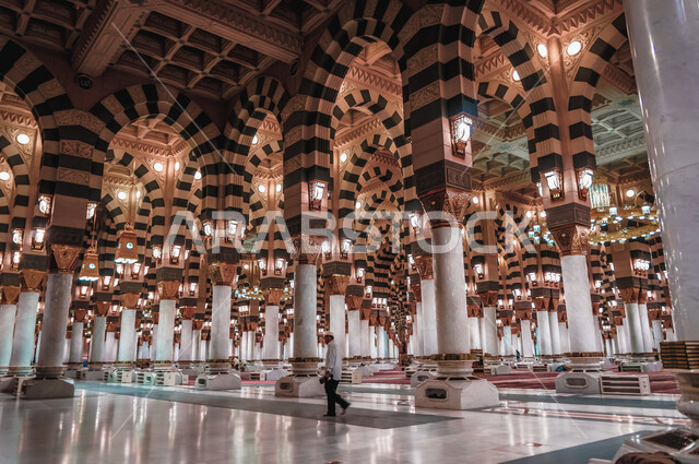 Close-up of inside the Prophet’s Mosque in Medina, Saudi Arabia, worship and getting closer to God, the Noble Sanctuary, Islamic holy places, Islamic religious landmarks, Islamism and worship, Islamic architecture and art