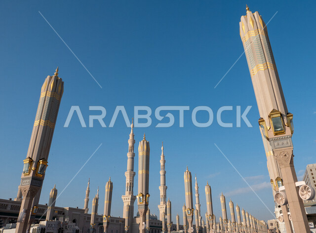 Creative close-up of the Prophet's Mosque in Medina, Saudi Arabia, the Prophet's Mosque, Islamic holy places, Islamism and worship, Islamic religious landmarks, electronic umbrellas