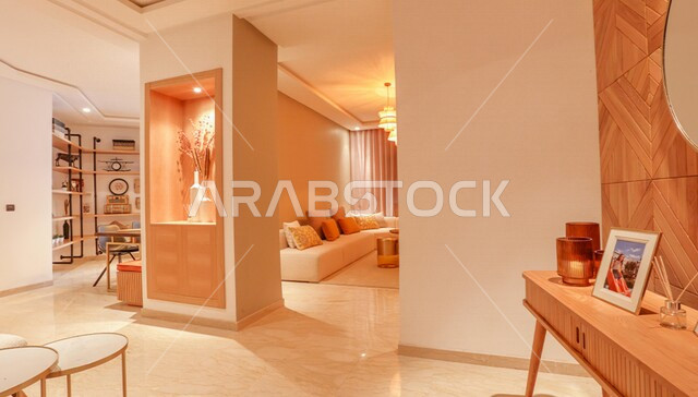 Living room with modern and attractive designs, wonderful decorations, high-end home furniture, wonderful and beautiful designs, modern wooden furniture, high-end apartments