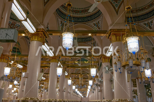 A picture from inside the Noble Prophet's Mosque in Medina, Saudi Arabia, Islamic architectural art, worship and getting closer to God, the Noble Sanctuary, Islamism and worship