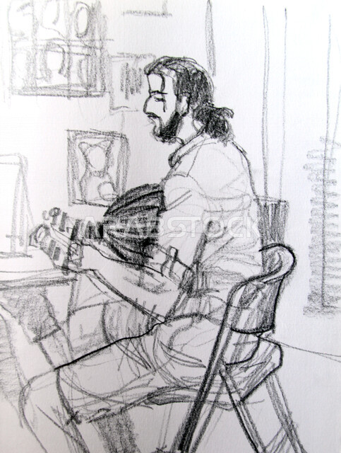 رسمة ابداعية لشخص يجلس على الكرسي ويعزف على العود، رسم يدوي، رسم سكيتش، رسم شخصيات بقلم رصاص