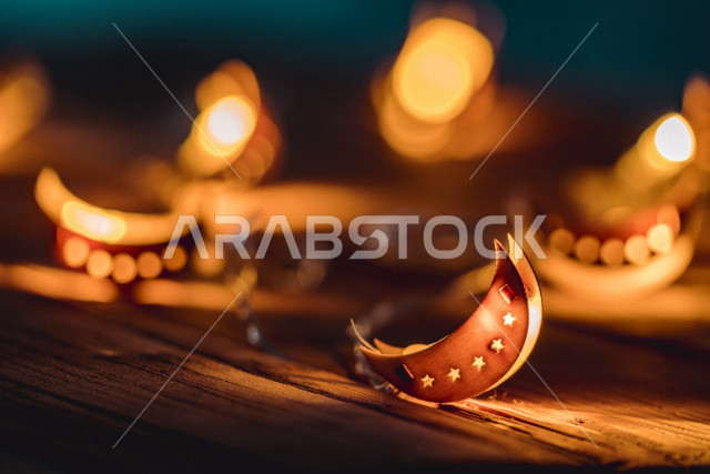 Ramadan crescent-shaped lamps, lighting and decorations, celebration and joy of the coming month of Ramadan, decorations and lights, wonderful Ramadan atmosphere, preparing for the holy month of Ramadan