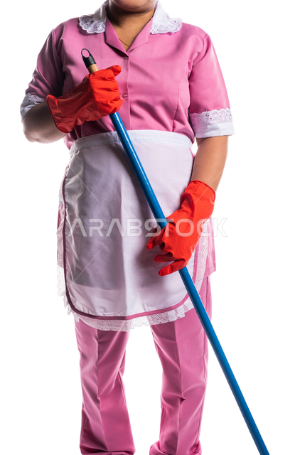 Close-up portrait of a cleaning lady wearing gloves and apron, holding a hand broom, chores and chores, household cleaning tools, cleaning and taking care