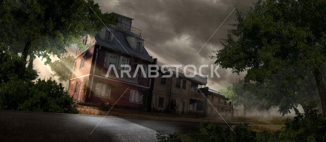 صورة بانورامية لبيت وسط الاشجار والنباتات في احد الغابات، الاشجار والنباتات الخضراء، السماء الملبدة بالغيوم، مناظر طبيعية، اشعة الشمس