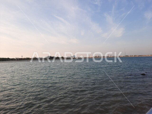 Aesthetic image of the Red Sea beach in Jeddah, Saudi Arabia at sunset, nature background, recreational tourist places, calm and beauty of the sea, Jeddah Corniche at sunset, sunset on the beach of Jeddah