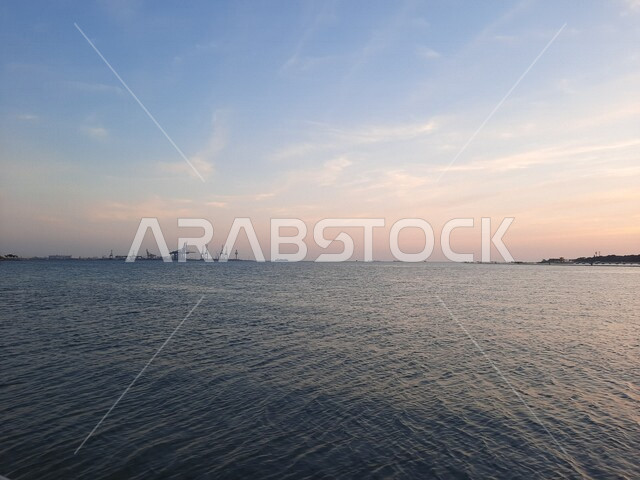 Aesthetic image of the Red Sea beach in Jeddah, Saudi Arabia at sunset, nature background, recreational tourist places, calm and beauty of the sea, Jeddah Corniche at sunset, sunset on the beach of Jeddah