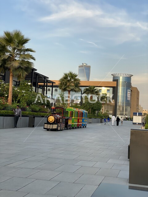 Electric train for transportation in The Zone complex in Riyadh, colored train, events of the Riyadh season 2022, entertainment activities, tourist places in the Kingdom of Saudi Arabia