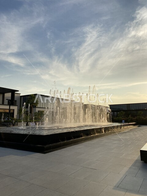 The dancing fountain in The Zone complex in Riyadh, a complex of luxurious restaurants and cafes, events of the 2022 Riyadh season, recreational activities, tourist places in the Kingdom of Saudi Arabia