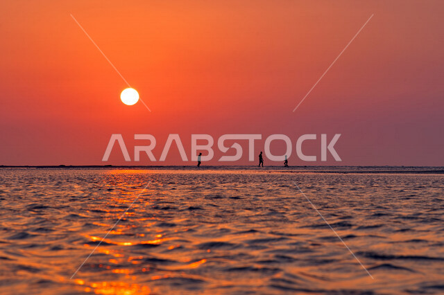 صورة ظلية لمجموعة من الأشخاص على شاطئ البحر، غروب الشمس الساحر ، جمال الطبيعة الخلابة، عطلة و استجمام، خلفية الطبيعة