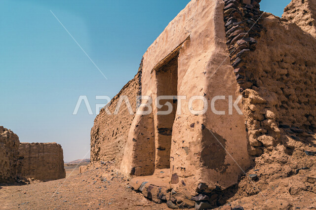 Abandoned antique stone houses, archaeological historical places in Saudi Arabia, ancient buildings, ancient abandoned Arab tribes structure in desert areas, abandoned old tribal structure, historical archaeological residential neighborhood