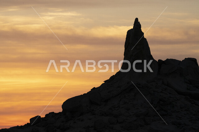 silhouette of rocky hill, magical sunset, rock formations, landscapes, nature rock formations, nature background