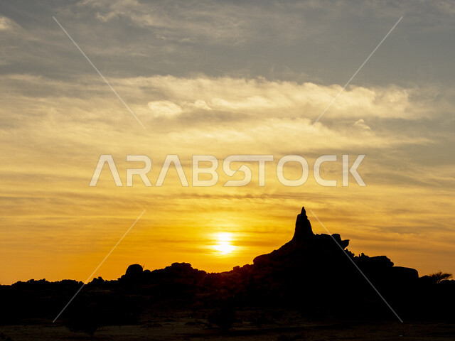 silhouette of rocky hill, magical sunset, rock formations, landscapes, nature rock formations, nature background