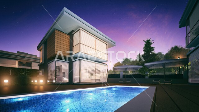 فيلا خارجي مع مسبح صغير ، تصاميم عصرية و جذابة ، ديكورات رائعة ، تصاميم فخمة و جميلة ، شقق سكنية سياحية ، فنادق فاخرة ، أماكن سياحية ترفيهية ، شاليهات سياحية