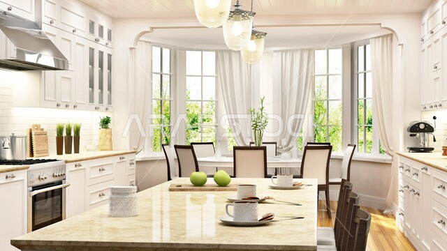 Kitchen in a residential apartment with modern and attractive designs, wonderful interior decorations, sophisticated home decor, wonderful and beautiful designs, tourist apartments, hotels, luxury hotels