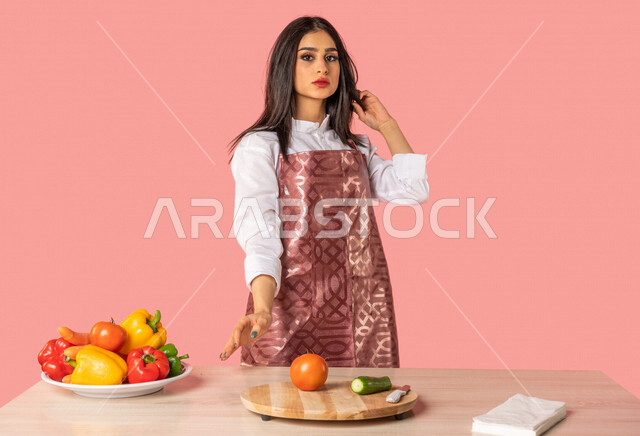 Portrait of an Arab woman, standing in front of a table with a group of fresh vegetables, preparing salads and healthy dishes, healthy diet concept, housewife, healthy eating concept, healthy meal, housekeeping, colorful background, fresh vegetables