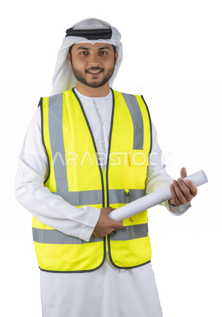 Portrait of an Arab Gulf Emirati engineer wearing a work protection jacket, engineering professions and jobs, engineering project management, engineering concept, professional architect, engineering plans and designs, work auditing, white background.