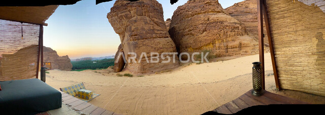 A panoramic picture of the natural rock formations in Al-Ula Governorate, Saudi Arabia, desert nature, mountains and rock formations in Al-Ula Governorate, tourist places, ancient historical monuments