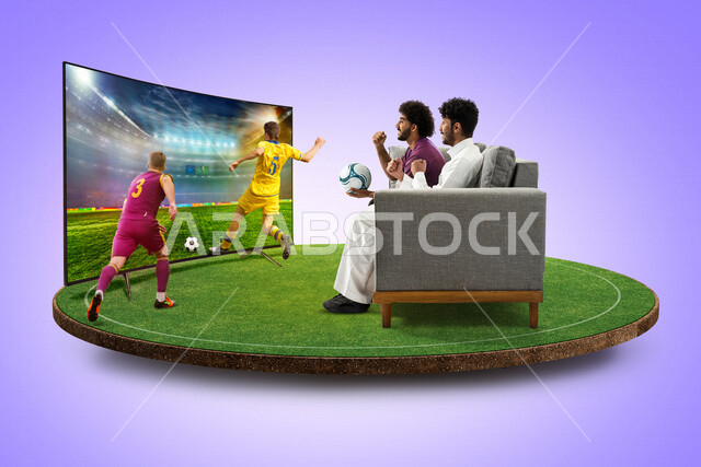 شابان عربيان خليجيان سعوديان يستمتعان بمشاهدة مباريات كأس العالم على التلفاز، شاب يمسك بيده كرة القدم، ايماءات تدل على التشجيع والحماس، النجاح والقوة، تحقيق الاهداف، السعادة بالفوز،  كأس العالم 2022، مونديال قطر