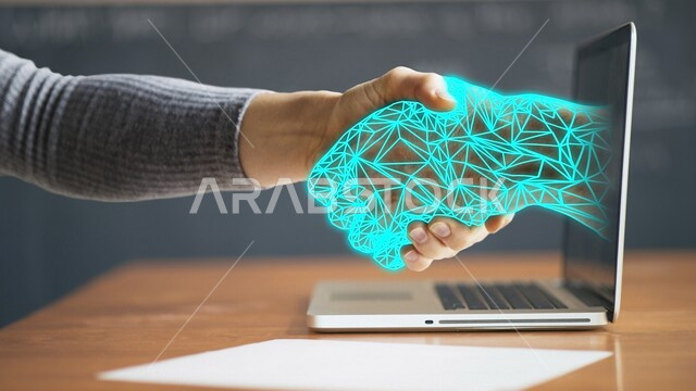 مصافحة يد رقمية، مفهوم التسويق و الاعمال، اعمال رقمية عن بعد، عقود وشراكات عمل عن بعد، التكنولوجيا الرقمية المتطورة ، تقنيات حديثة، جهاز الجاسوب المحمول، الحياة المستقبلية، استخدام تقنيات حديثة