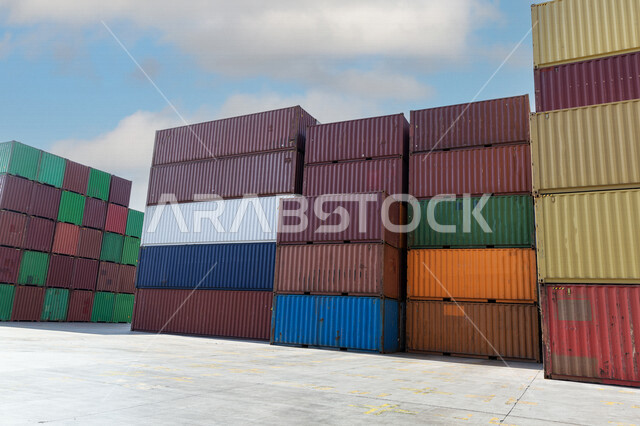 Shipping factory containers, freight station for containers and goods, shipping and packaging, transport of goods, import and export, sea port taking place, commercial container shipping station