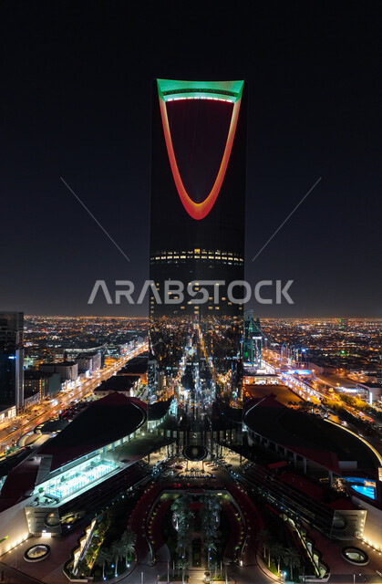 Kingdom Tower in Riyadh, Saudi Arabia at night, luminous towers and skyscrapers, architectural engineering in Saudi Arabia, famous landmarks in Riyadh