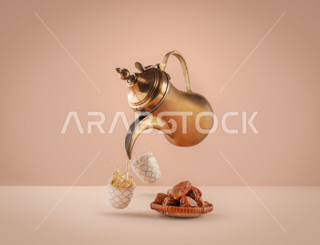 دلة قهوة عربية مع فنجانين قهوة، طبق التمر، رمضان، تقديم القهوة الساخنة للضيوف، إكرام الضيف، الضيافة السعودية، القهوة العربية، حسن الضيافه والإستقبال، الترحيب بالضيوف، أعياد ومناسبات