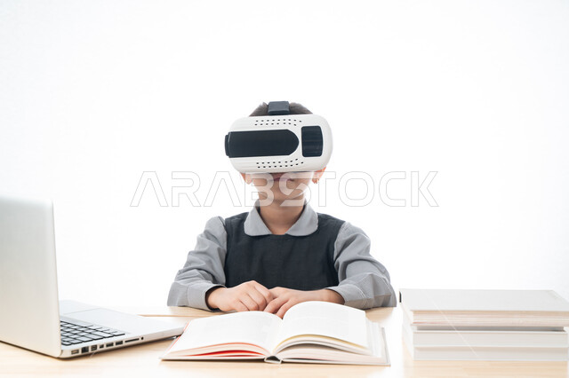 Advanced modern schools and academies, combining learning with entertainment using technology and modern technology, a portrait of an Arab Gulf Emirati student wearing school uniform and wearing glasses of the educational virtual world, a Saudi student si