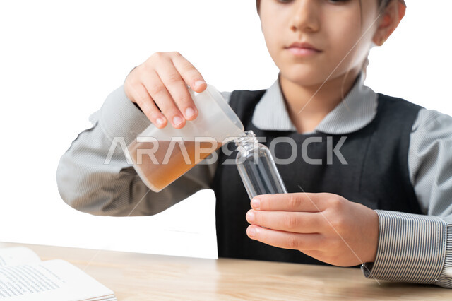 Creativity and educational activities and the development of motor and mental skills and abilities in children, acquiring knowledge through practical experiments, a close-up portrait of an Arab Gulf Emirati student in an advanced educational environment, 