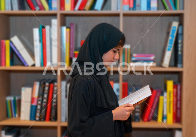طالبة عربيه خليجيه إماراتيه في مكتبة الجامعة، قراءة كتاب داخل المكتبة، تدوين الملاحظات, استعارة كتاب مناسب، الدراسه في مكتبة الجامعه, اثراء التعليم الجامعي، البحث العلمي، مفهوم العلم والتعلم
