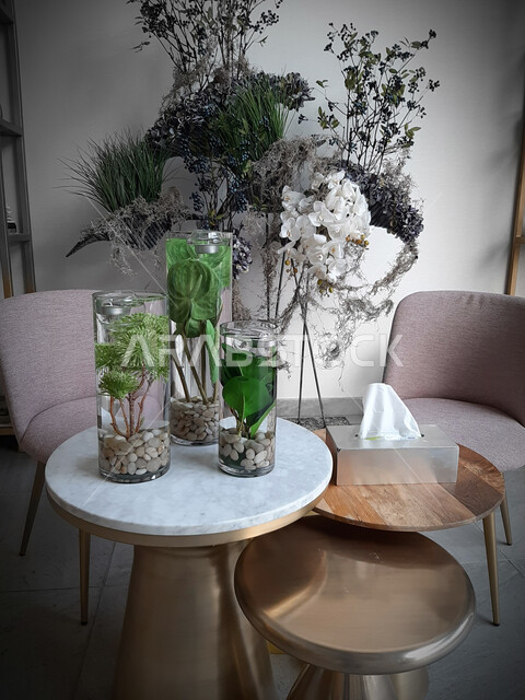 مزهريه زجاجيه أسطوانيه مليئه بنباتات خضراء جميله, ديكورات منزليه, نباتات زينه, إكسسوارات وتحف, شمعدان, ديكور داخلي حديث 