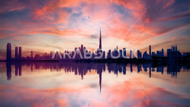 صورة بانوراميا لبرج خليفة في دبي بالامارات العربية المتحدة، الواجهة البحرية، غروب الشمس، الابراج وناطحات السحاب، معالم دبي المشهورة، الفن الهندسي المعماري، السياحة في الامارات