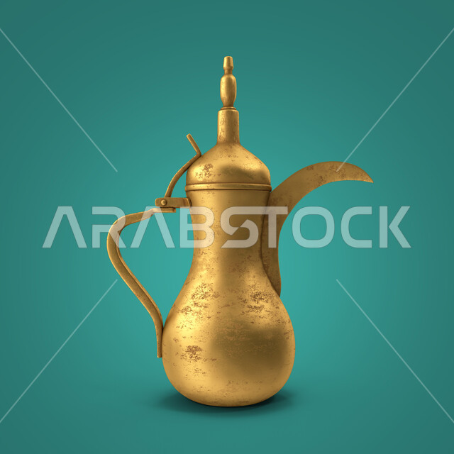دلة القهوة العربية الشرقية ثلاثية الابعاد، دلة نحاسية، الضيافة عند العرب، القهوة العربية، دلة قهوة ثري دي، انتيك قديمة، ابريق ذهبي عتيق، خلفية زرقاء