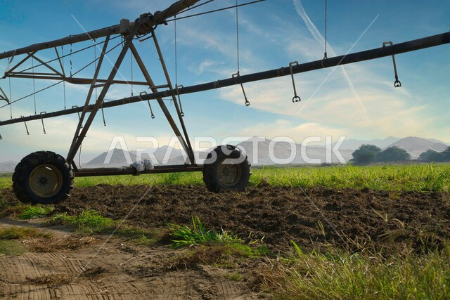 الات ومعدات الري المستقبلي في حقل زراعي بالمملكة العربية السعودية، الاراضي والحقول الزراعية، الاعتناء والاهتمام بالاشجار والنباتات الخضراء، اذرع الري المحوري، الاشجار والنباتات الخضراء، رشاشات المياه