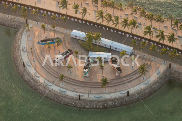 The northern corniche in Jeddah, Saudi Arabia, Jeddah waterfront, Red Sea beach, waterfront development in Jeddah, industrial corridor inside the sea, palm trees, famous Jeddah landmarks, tourism in Saudi Arabia