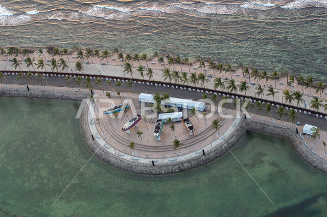 The northern corniche in Jeddah, Saudi Arabia, Jeddah waterfront, Red Sea beach, waterfront development in Jeddah, industrial corridor inside the sea, palm trees, famous Jeddah landmarks, tourism in Saudi Arabia