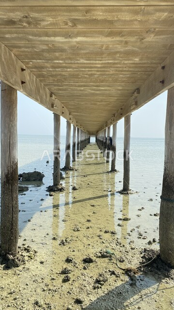 شاطئ البحر من أسفل جسر المشاة ، خلفية الطبيعة ، وضع النهار ، أشعة الشمس ، شاطئ البحر ، جسر خشبي داخل البحر