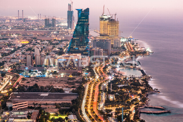 The waterfront of Jeddah in the Kingdom of Saudi Arabia, Jeddah Corniche, Roshan waterfront, towers and skyscrapers, famous Jeddah landmarks, tourism in Jeddah