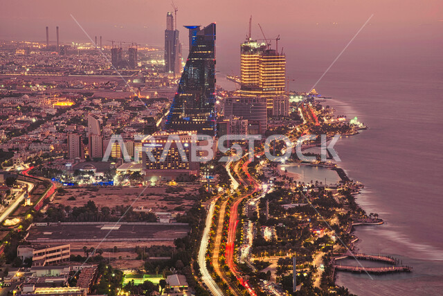 The waterfront of Jeddah in the Kingdom of Saudi Arabia, Jeddah Corniche, Roshan waterfront, towers and skyscrapers, famous Jeddah landmarks, tourism in Jeddah