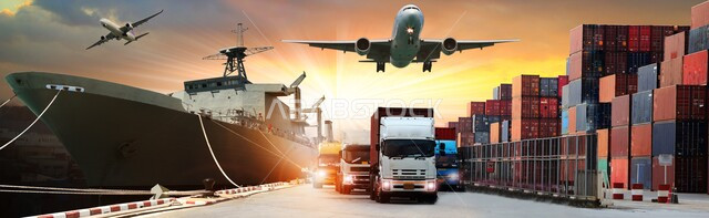 صورة بانوراما، الصناعة والتجارة، ميناء نقل البضائع، محطة شحن الحاويات والبضائع التجارية، مرفأ تجاري، الشحن والتعبئة، الطائرات، الشحن والتوصيل، الإستيراد والتصدير، مجموعة من وسائل النقل