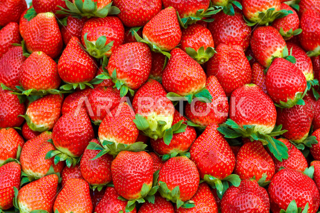 Close up of strawberry fruit, fresh fruit, ripe strawberry fruit