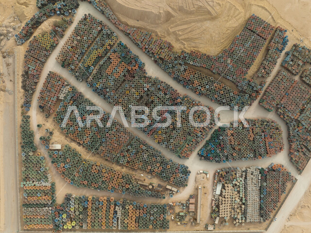 صورة جوية لبكرات كابلات ، معدات وأدوات تمديد ، معمل الكابلات ، مستودعات ، صناعات سعودية ، مصانع ، مشاريع وصناعات